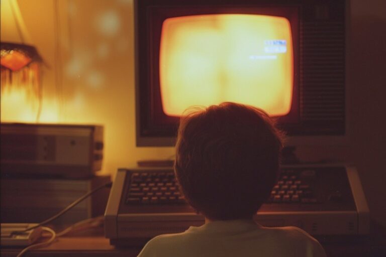 Child engrossed in old fashioned computer