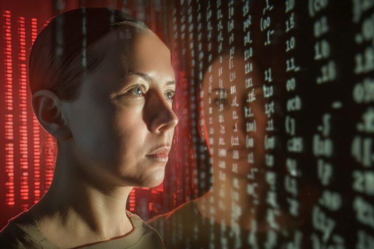 Contemplative woman with data overlay