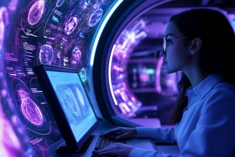 Woman at computer in futuristic setting